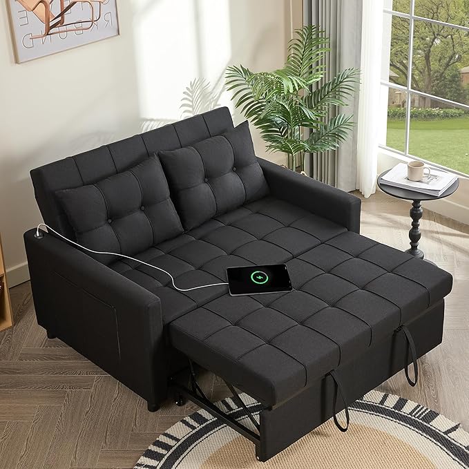 52" Sleeper Sofa with Pull-Out Bed, 3-in-1 Convertible Sofa Bed, Loveseat with Stepless Adjustable Backrest and Side Pocket, for Living Room Dorm Apartment, Linen, Black