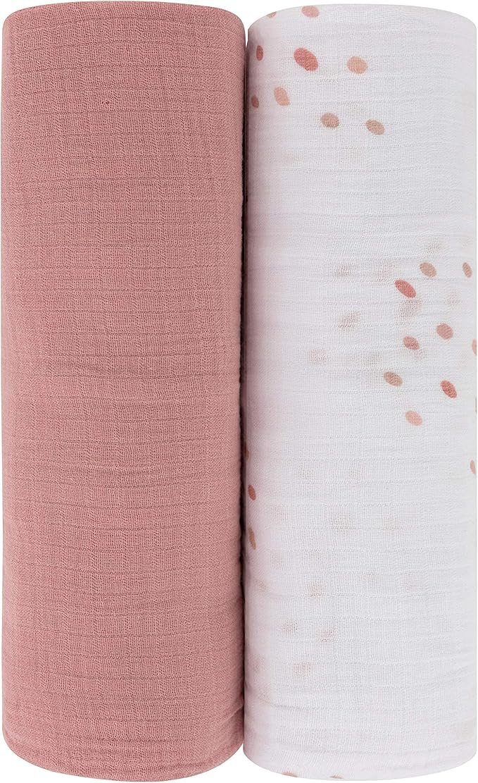 Ely's & Co. Cotton Muslin Swaddle Blanket 2-Pack for Baby Boy or Girl — 100% Cotton Muslin Extra-Large Swaddle Blankets (47” x 47”) Solid Dusty Rose │ Dusty Rose Raindrops