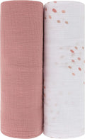 Ely's & Co. Cotton Muslin Swaddle Blanket 2-Pack for Baby Boy or Girl — 100% Cotton Muslin Extra-Large Swaddle Blankets (47” x 47”) Solid Dusty Rose │ Dusty Rose Raindrops