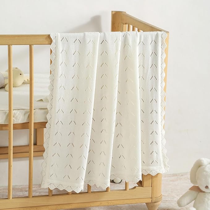 Baby Blanket 100% Cotton Knit Swaddle Soft Newborn Receiving Blanket Cozy for Boy/Girl Crib,Stroller White 40x30in