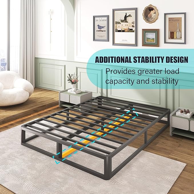 Upgrade Anti Bending and Round Corner Legs 10 inch Metal Full Bed Frame 3500 LBS Heavy Steel Slats Support Platform Bed Frames No Box Spring Needed Platform Noise Free Easy Assembly