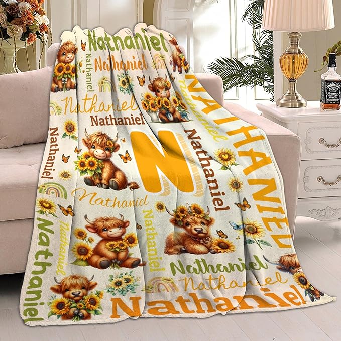 Personalized Custom Sunflower Highland Cow Blanket Gifts for Kids Boys Girls with Name - Customized Sunflower Highland Cow Super Soft Fuzzy Flannel Sheets Decor for Crib Nap Couch - 60"x80" for Adult