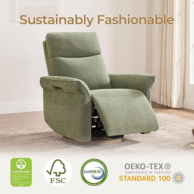 CHITA Power Recliner Chair, Electric Triple-Motor Swivel Glider Nursery Rocking Chair with Adjustable Power Headrest and Lumbar Support, GREENGARD Gold Certified, Solid Wood Base, Forest Green