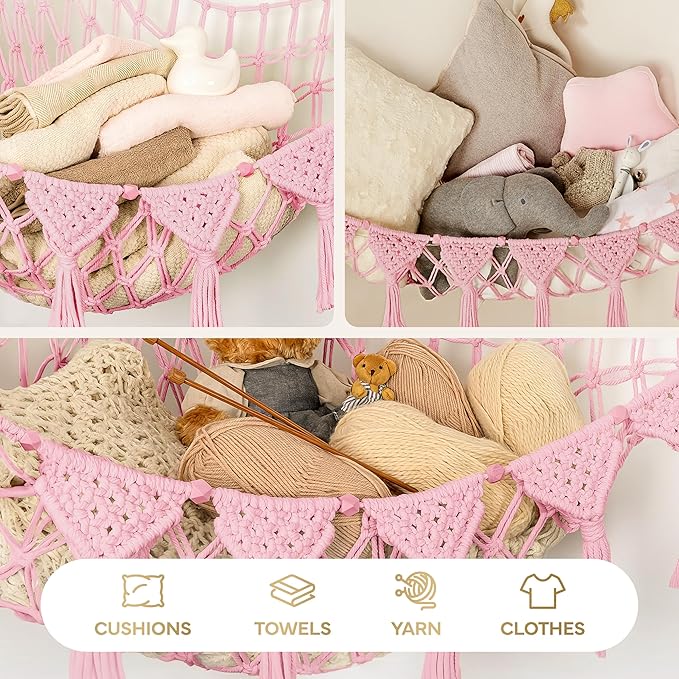 Stuffed Animal Hammock Corner | Sturdy Handcrafted Stuffed Animal Net | 4mm Double Macrame Cord Stuffed Animal Holder | Natural 100% Cotton Plushie Net | Toy Hammock w/LED Light (Pink)