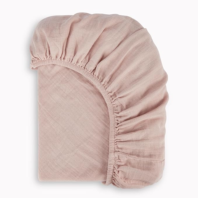 Bioweaves Organic Cotton Muslin Mini Crib Sheet, GOTS Certified Fitted Mini Crib Mattress Sheet, Extra Soft & Breathable for Toddler, Baby Boys & Girls, 38" x 24", 5 Inch Pocket, Dusty Pink