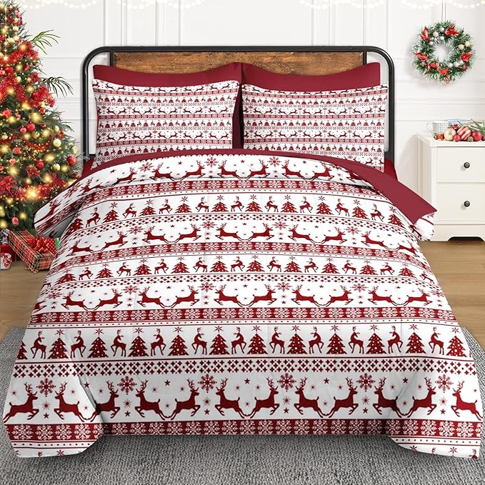 7 Pcs Queen Size Christmas Comforter Set with 2 Pillowcases & 2 Shams, Red Winter Funny Reindeer Bedding for Kids and Adults, Pine Tree Snowflake Bed in a Bag with Flat Fitted Sheet