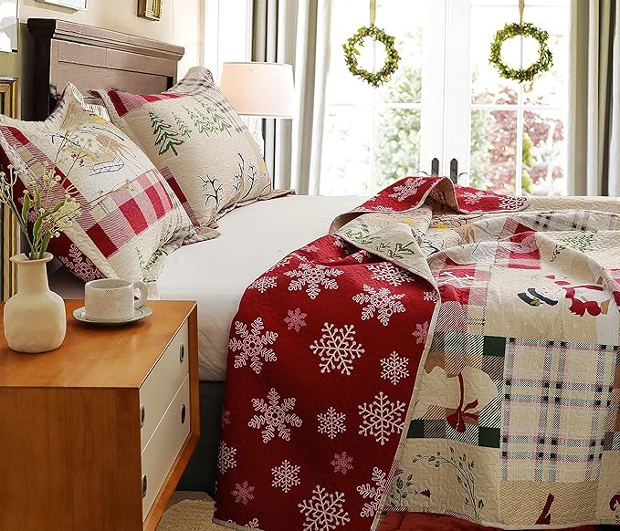 Christmas Bedding Set Twin Size Quilt Bedspread - Holiday Xmas Buffalo Plaid Patchwork Rustic Lodge Cabin Lightweight Reversible Coverlet Home Decor