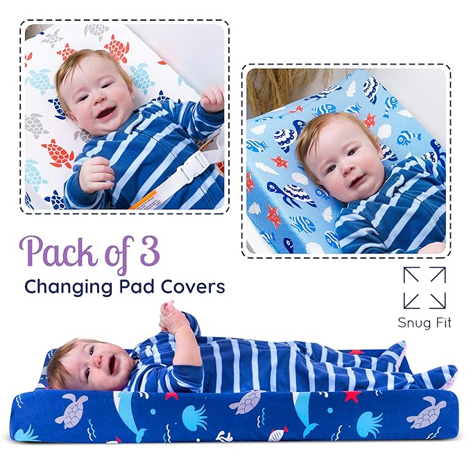 GROW WILD Changing Pad Cover 3 Pack | Soft & Stretchy Jersey Cotton | Baby Changing Table Pad Cover | Diaper Changing Pad Covers for Girls and Boys (Ocean & Under The Sea)