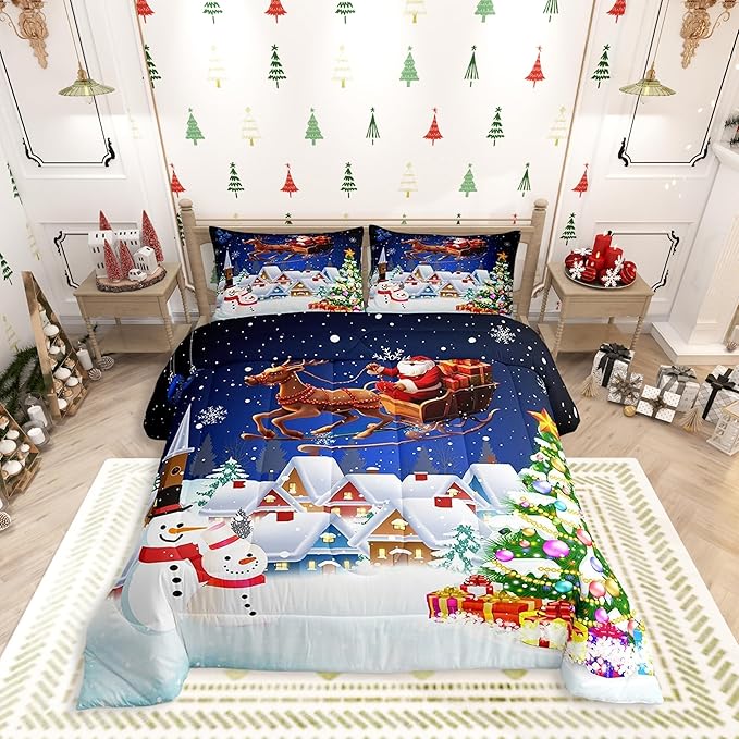 Manfei Christmas Bedding Set Twin Size Snowman Christmas Tree Print Comforter Set Santa Claus with Reindeer Quilt Set 2pcs for Kids Boys Girls Room Decor New Year Theme Duvet Set with 1 Pillowcase