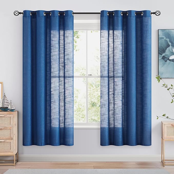 FMFUNCTEX Linen Semi Sheer Curtains for Bedroom, Navy Blue Curtains 63 Inch Length for Living Room, Country Farmhouse Sheer Drapes, Light Filtering Window Curtain, Grommet Top 2 Panels