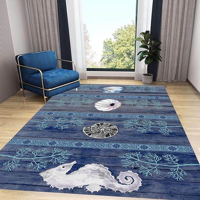 Nautical Living Room Rug, 3x4ft, Ocean Theme Conch Shell Seahorse Indoor Rugs, Beach Waterweed Kitchen Decor Mats, Durable Shed Resistant Cozy Easy Clean Carpet for Bedroom Family