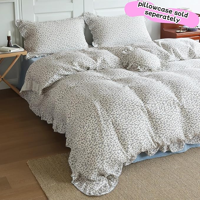 BuLuTu Blue Floral Print Duvet Cover Full Bed Comforter Cover 79"x90", Cotton Muslin Quilt Cover with Ruffles Chic Princess Bedding Duvet Cover with Zipper, No Pillow Cases/Filling