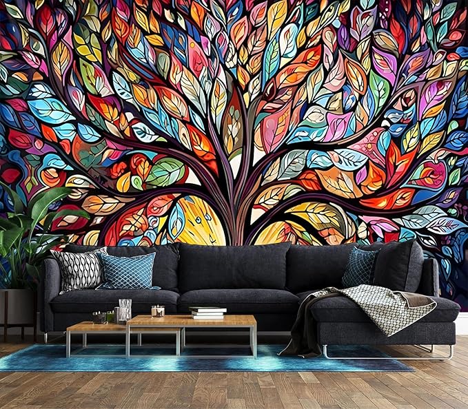 XMPMBM-Vintage Abstraction Art Forest backsplash Large Decorative Wallpaper Colorful Graffiti Tree Bedroom Bathroom Wall Mural- W 132" X H 92"（93 Square Foot）