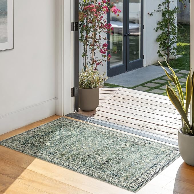 Kitchen Rugs Non Slip Washable,Farmhouse Style Floral Boho Kitchen Rug for Sink Bath Vintage Bathroom,2x3,Dark Green
