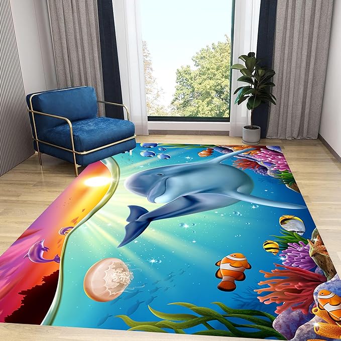 Blue Dolphin Area Rug for Bedroom, 6x8ft, Undersea Ocean Animal Print Indoor Carpet, Beach Tropical Fish Home Decor Playing Mat, Low Pile Breathable Non Shedding Rugs for Kids Room