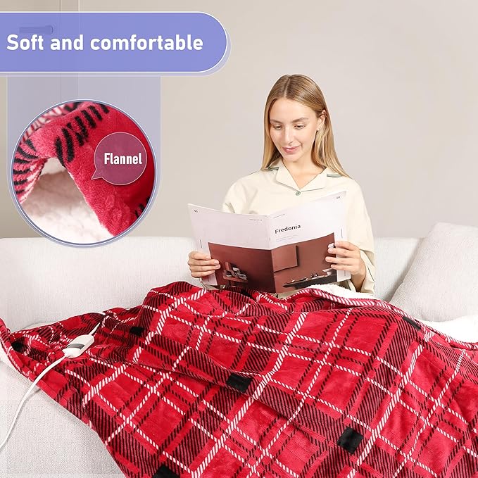Electric Blanket Heated Twin, Soft Flannel 62"x84" Plaid Heating Blanket with 8 Hours Auto Off 10 Fast Heating Levels Machine Washable Sherpa Heated Blanket with Overheating Protection