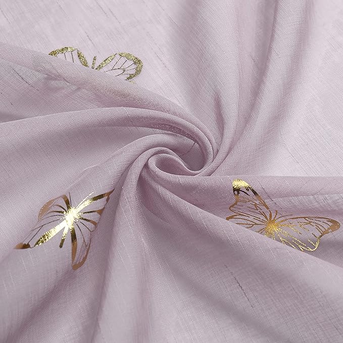 Jubilantex lila Sheer Curtain with Gold Butterfly Pattern for Kids Room, Linen Textured Rustic Metallic Print 95 Inch Rod Pocket Window Drapes for Girls Bedroom Living Room, 2 Panels