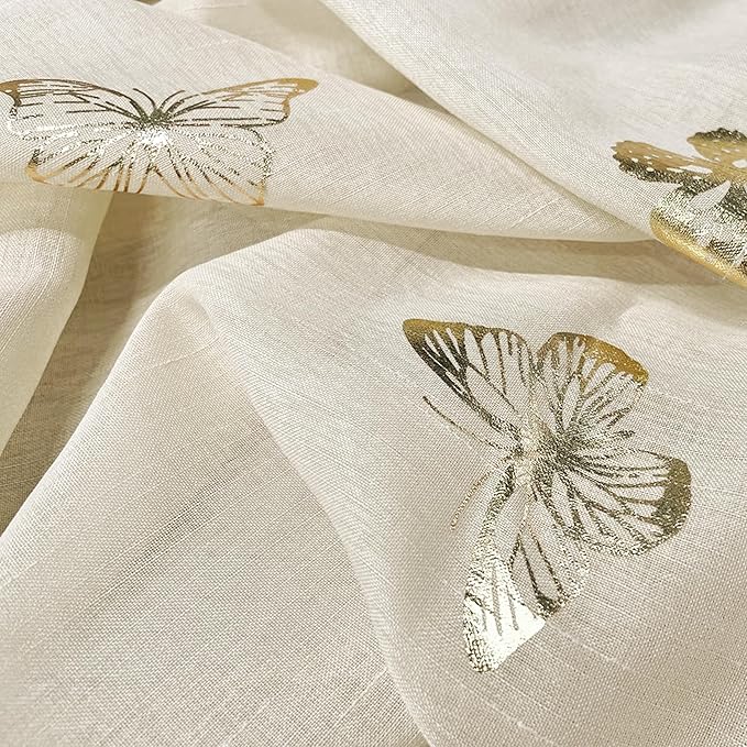 Jubilantex Butterfly Sheer Curtain Panels for Girls Nursery Bedroom, Toddler Gold Print Linen Textured Voile Farmhouse Rod Pocket Window Drapes 63 Inch for Kids Room, 2 Panels, Ivory/Beige