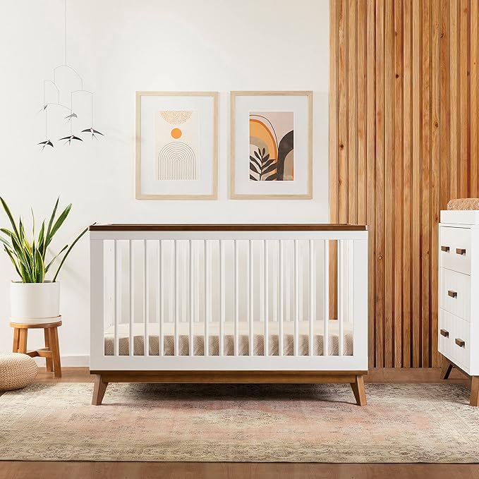 Babyletto Scoot 3-in-1 Baby Crib Convertible to Wooden Toddler Bed, Daybed - GREENGUARD Gold Certified - Easy Assembly, Made of 100% Solid Wood - Includes Toddler Conversion Kit - White/Natural Walnut