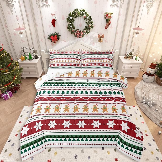 Feelyou Merry Christmas Bedding Set Soft for Boys Girls, Gingerbread Man Comforter Set Toddler Size Duvet Quilt Microfiber Striped Bedroom Decor 2 Pcs with 1 Pillow Cases