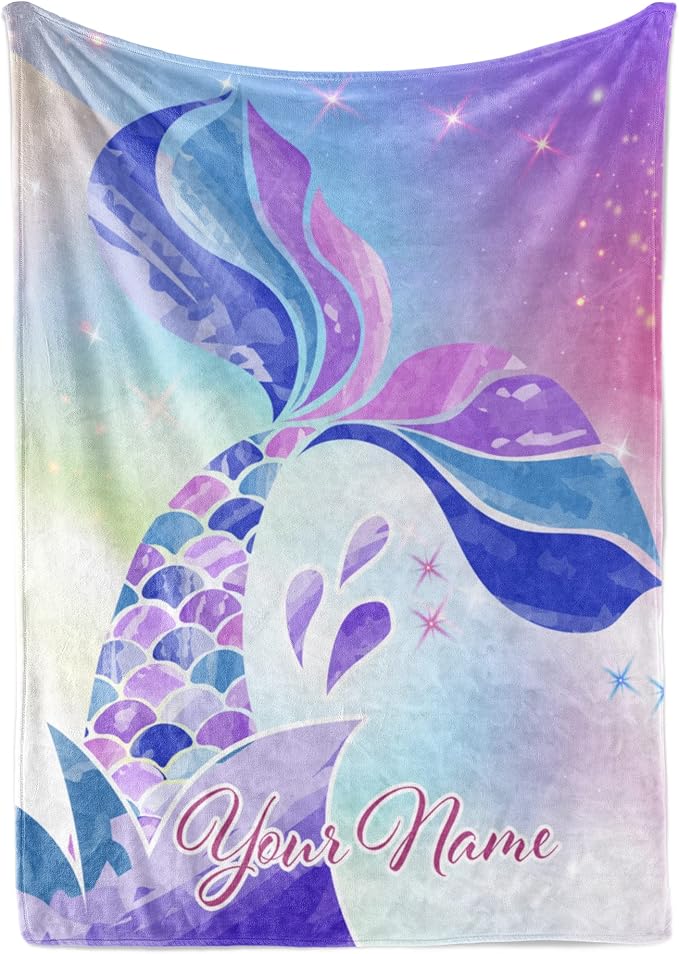 Personalized Mermaid Fleece Blanket - Ships Next Day, Made in USA - Custom, Soft, & Plush, Couch Bed Throw for Kids, Girls Bedroom Décor, Pink & Purple (Fleece – 50x60)