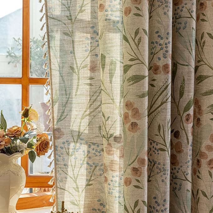 ENJOYBRIDAL Floral Curtains 63 Inch Long Bedroom Decor Drapes Short Semi Sheer Rod Pocket Living Room Window Curtain Panels Light Filtering Boho 2 Panels Tassel Vintage Window Treatments