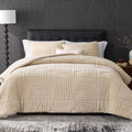 Amélie Home King Size Comforter Set with Stripe Jacquard Design, Khaki Fluffy King Bedding Set, Super Soft Plush Bedding Set for Winter,3 Pieces, 1 Soft Comforter and 2 Pillowcases