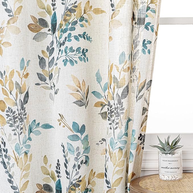 MYSKY HOME Curtains for Living Room Semi Sheer 72 inch Length Light Filtering Privacy Protect Drapes Set Linen Blended Texture Soft Touch Leaves Pattern Treatment, 52" Wide, Yellow and Blue, 2 Panels