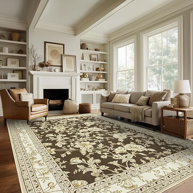 Brown Floral Print Area Rugs for Bedroom Living Room Boho Farmhouse Country Rustic Dining Room Carpet Soft Washable Rugs Non Slip Floor Covering for Nursery Playroom 8x10