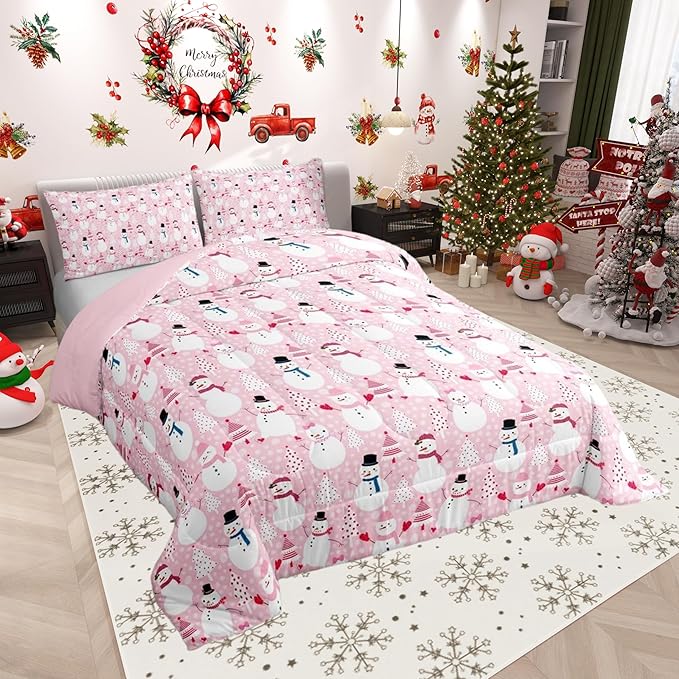 Castle Fairy Merry Christmas Bed Comforter Set Queen Size,Cartoon Pink Dreamy Super Soft Microfiber Bedding Set for Adults Teens,Snowman Christmas Tree Comforter Set,2 Pillowcases