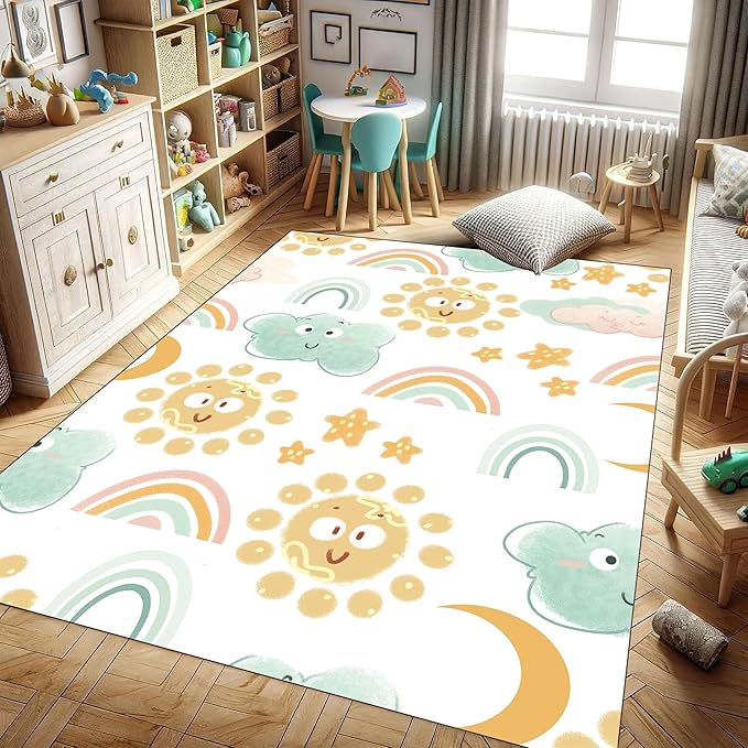 Cute Fluffy Kids Rugs - Rainbow, Colorful Floor Mats - Soft, Washable, Non-Slip - Smiling Sun, White Cloud Patterns - Kids Room, Nursery Decoration - 5x7ft