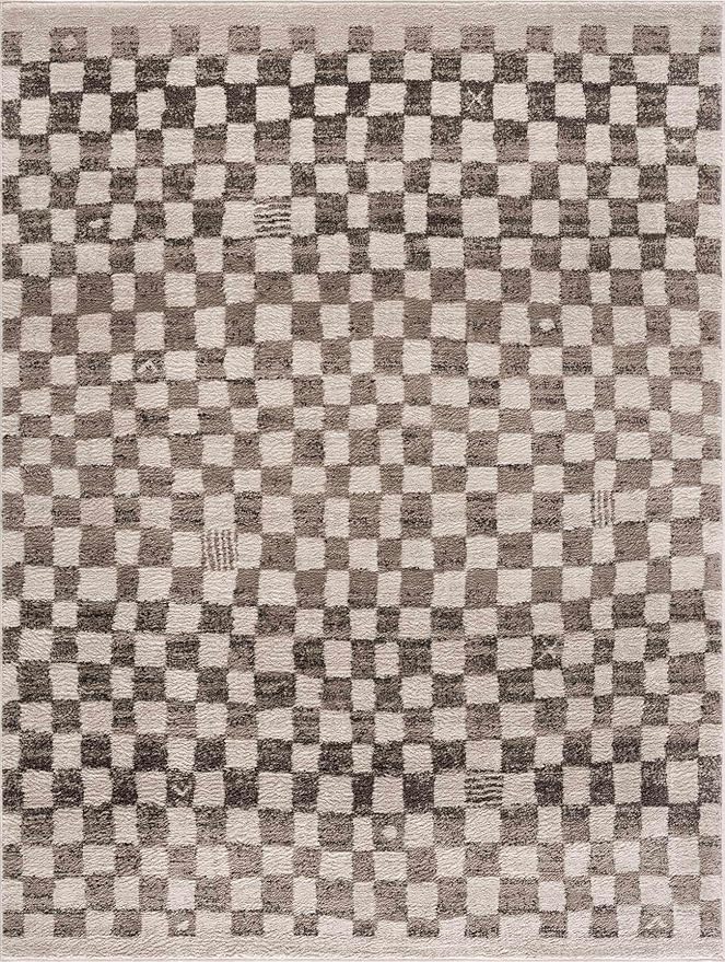 Hauteloom Benjy Living Room, Checkered Bedroom Area Rug - Farmhouse - Cream, Charcoal - 6'7" x 9'
