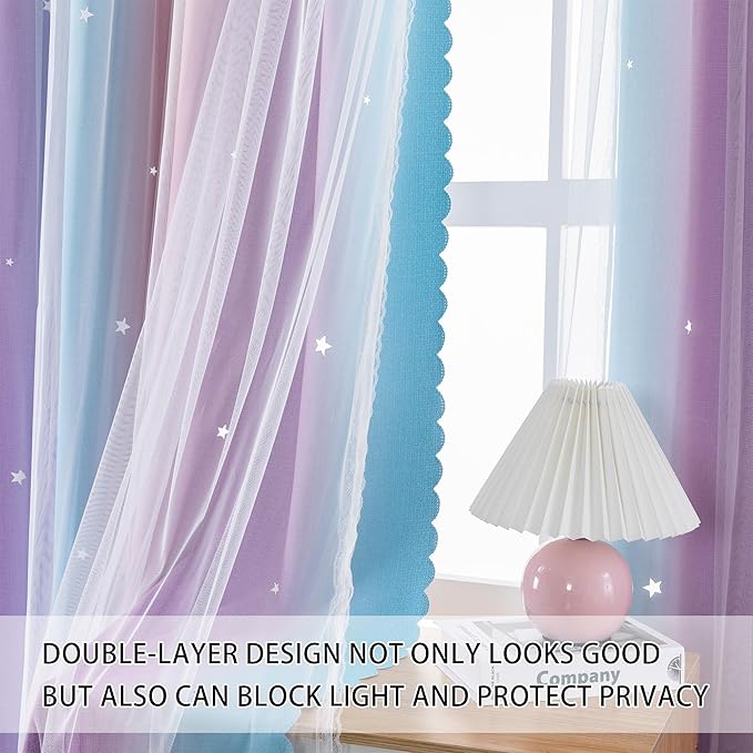 XiDi Curtains for Girls Bedroom 2 Panel Set, Thermal Insulated Window Ombre Panels, Rainbow Pink Drapes for Kids Room Unicorn Wall Decals, Black Out Curtains 54 Inch Long Pink/Purple/Blue 52x54