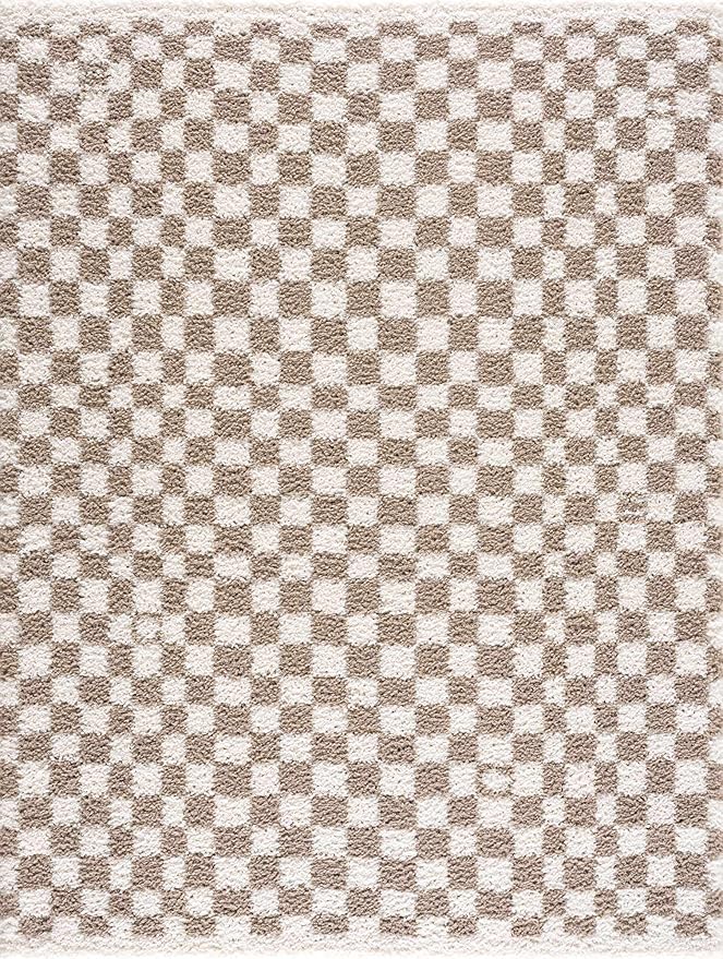 Hauteloom Kieu Contemporary Checkered Fluffy Shag Area Rug - Modern Geometric Soft Carpet Tiles for Living Room, Kids Room, Nursery - Gray, Taupe, White - 7'10" x 10'