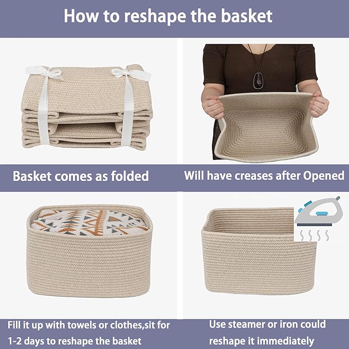 Rope storage Basket Bins Woven Basket for Organizing Shelves 14.5X9.5X9.3" Rectangle Decorative Baskets For storage Clothes Toys Books Towels Nursery basket organizer 3 pack Oatmeal