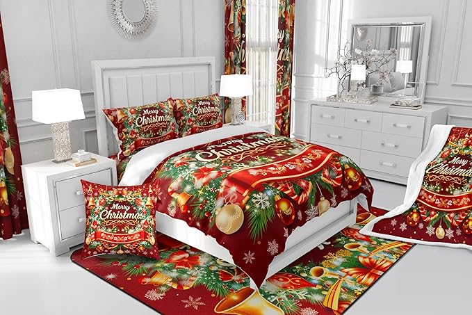 Merry Christmas Comforter Set - Queen Size, Kids Bedding Set with Snowflake & Wreath Pattern, Red Xmas Ball Glitter Duvet Insert (3Pcs), Quilt Set with 2 Pillowcases