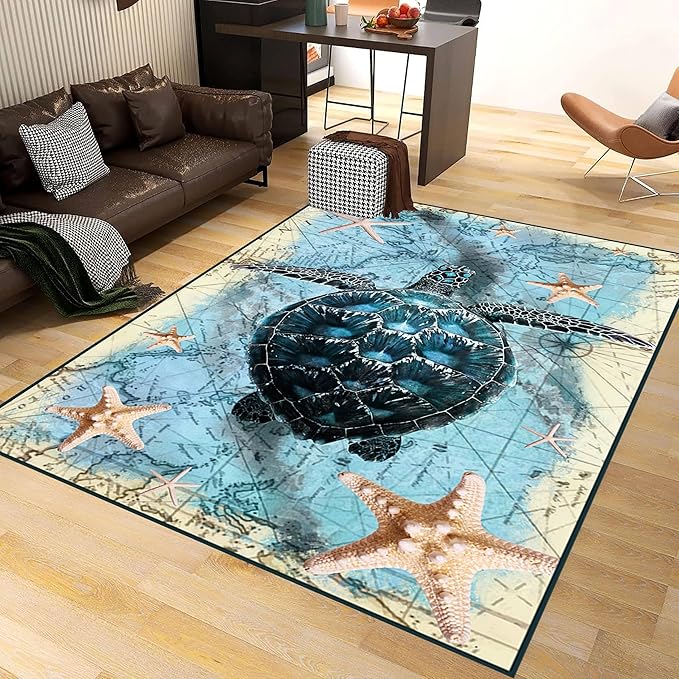 Nautical World Map Area Rug, 5x7ft, Coastal Sea Turtle Starfish Children's Rugs, Blue Ocean Themed Washable Dirty Resistant Mat, Soft Cozy Thin Easy Clean Mat for Floor Living Room