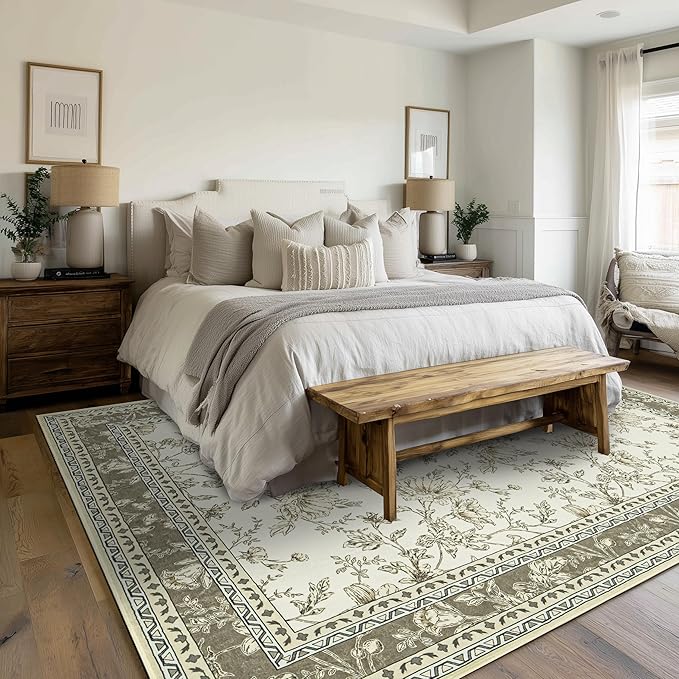 Boho Dining Room Rugs for Under Table 7x9 Washable Taupe Cream Beige Tan Floral Design Sketch Style Area Rug for Living Room, Low Pile Non-Slip for Bedroom Under Bed Aesthetic Boho Farmhouse Decor