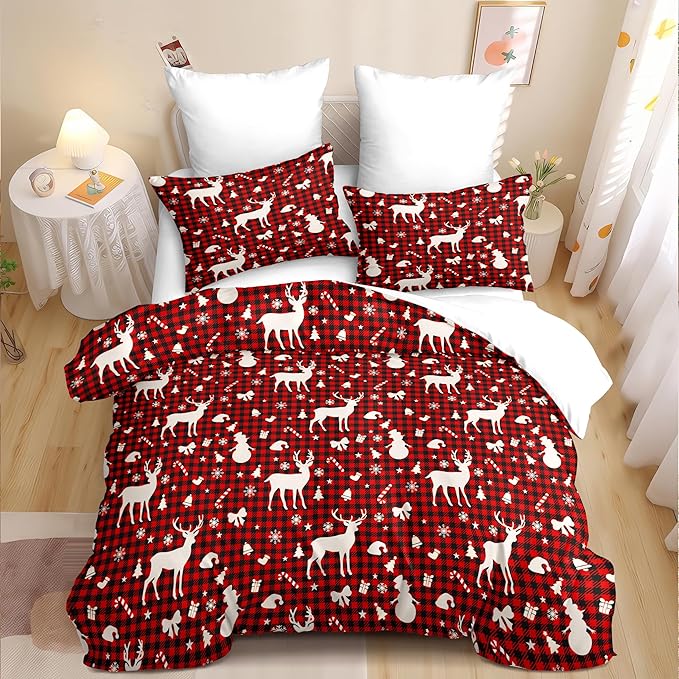 Christmas Duvet Cover King Size Red Gingham Christmas Bedding Set Kids Boys Girls Xmas Black Plaid Bow Pattern Comforter Cover 3 Pieces with Zipper Closure (No Comforter)