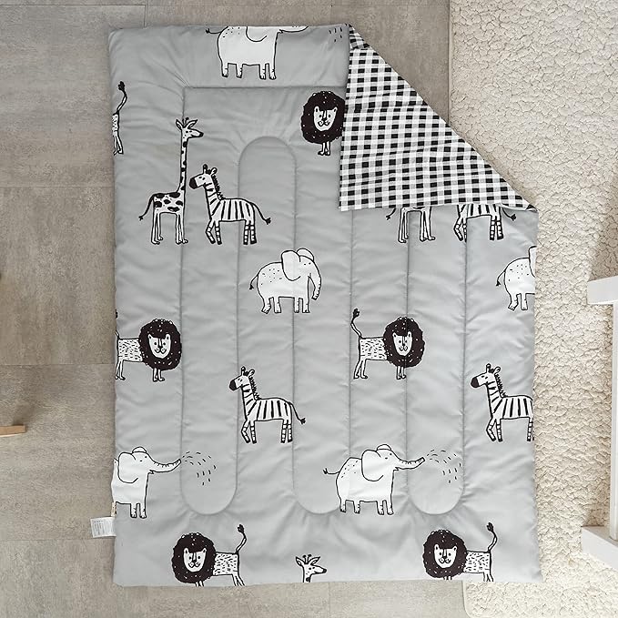 Flysheep 4 Piece Gray Grey Toddler Bedding Set with Multi Animals Printed for Baby Boys - Includes Quilted Comforter, Flat Sheet, Fitted Sheet & Pillow Case, Soft & Comfortable Microfiber