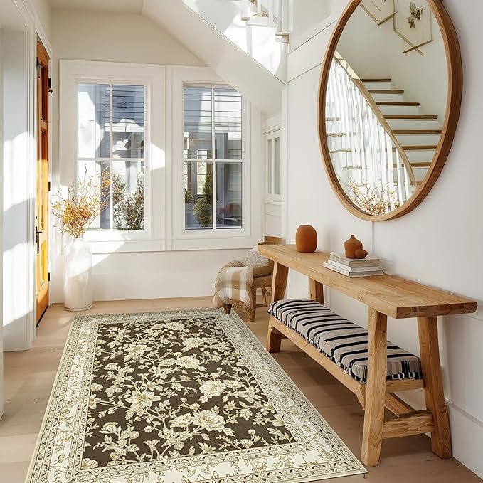 Brown Floral Print Area Rugs for Bedroom Living Room Boho Farmhouse Country Rustic Dining Room Carpet Soft Washable Rugs Non Slip Floor Covering for Nursery Playroom 3x5