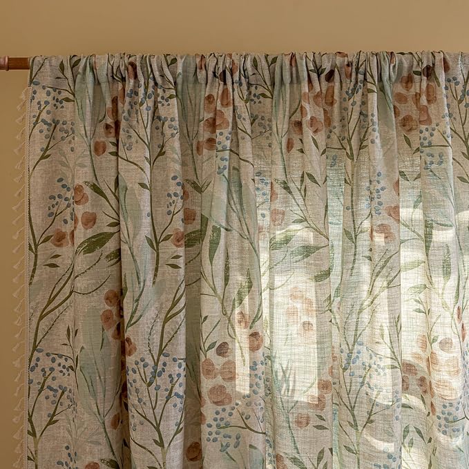 ENJOYBRIDAL Floral Curtains 63 Inch Long Bedroom Decor Drapes Short Semi Sheer Rod Pocket Living Room Window Curtain Panels Light Filtering Boho 4 Panels Tassel Vintage Window Treatments