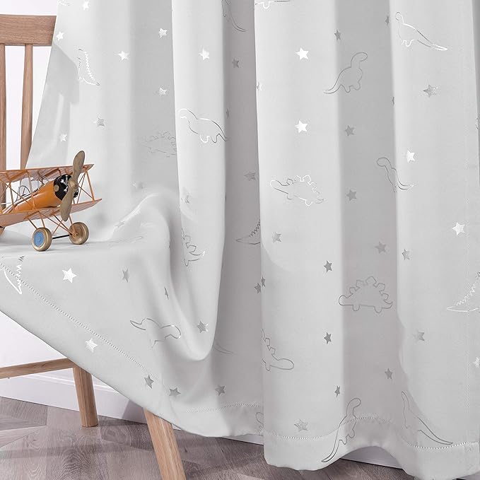 LORDTEX Dinosaur and Star Foil Print Blackout Curtains for Kids Room - Thermal Insulated Curtains Noise Reducing Window Drapes for Boys and Girls Bedroom, 42 x 84 Inch, White, Set of 2 Panels