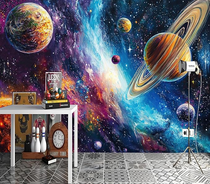 XMPMBM-Starry Sky Abstraction Art Graffiti Wallpaper Colorful Planets Nursery Room Boys Bedroom Bathroom Wall Mural- W 132" X H 92"（93 Square Foot）