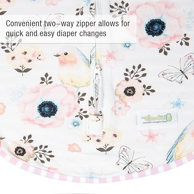 Woombie Original Baby Swaddling Blanket - Self-Soothing, Cotton Baby Swaddle with Zipper - Wearable Newborn Blanket, Birdie Front/Stripes Back, 5-13 lbs