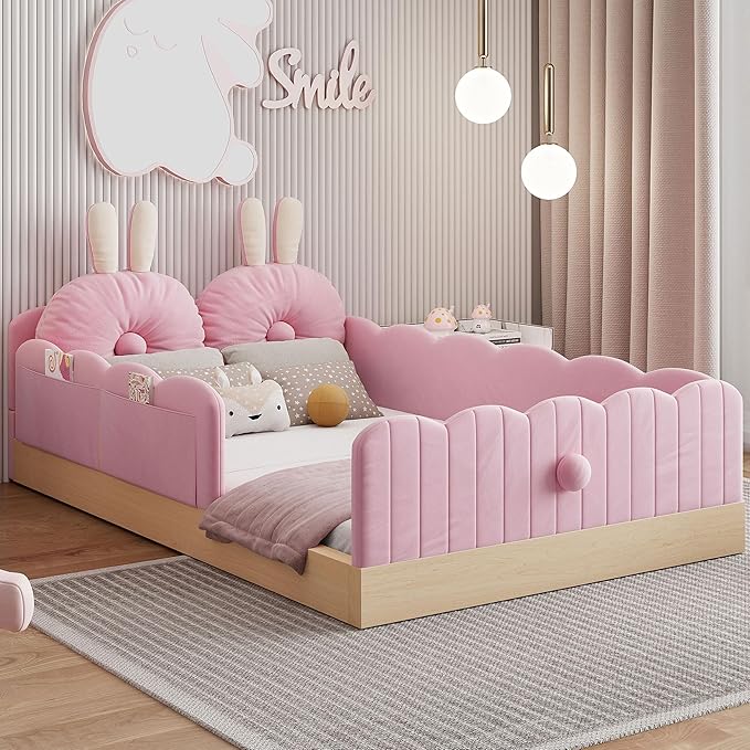 Lovely Twin Size Upholstered Platform Bed with 2 Soft Pillows and Storage Bags, Princess Bed Frame with Cute Rabbit Ear Shaped Headboard and Guardrails for Bedroom, No Box Spring Required (Pink-X52)