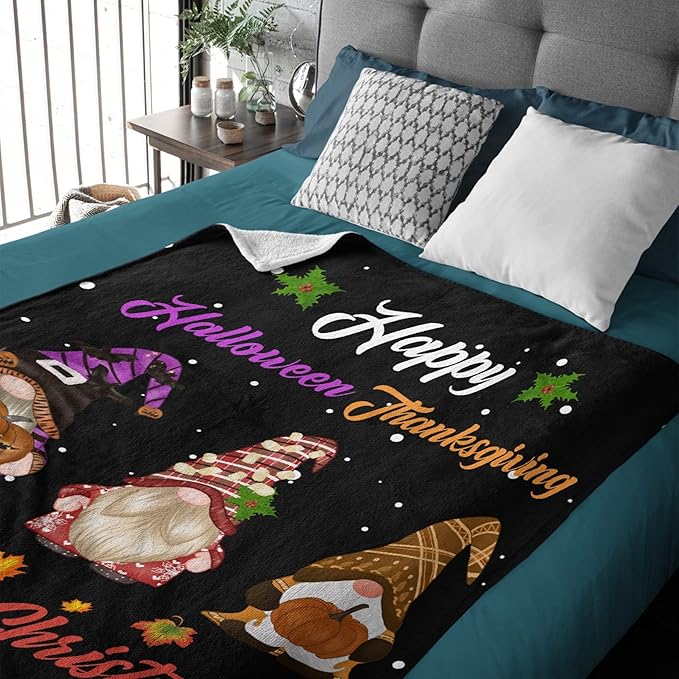 Thuswarm Happy Halloween Thanksgiving Christmas Flannel Throw Blanket Soft Warm Gnomes Print Blankets for Bed Couch Sofa Room Decoration Gifts 80”×60” Large for Adult