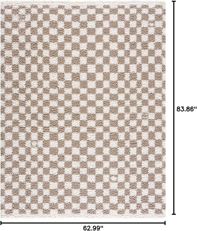 Hauteloom Kieu Contemporary Checkered Fluffy Shag Area Rug - Modern Geometric Soft Carpet Tiles for Living Room, Kids Room, Nursery - Gray, Taupe, White - 5'3" x 7'