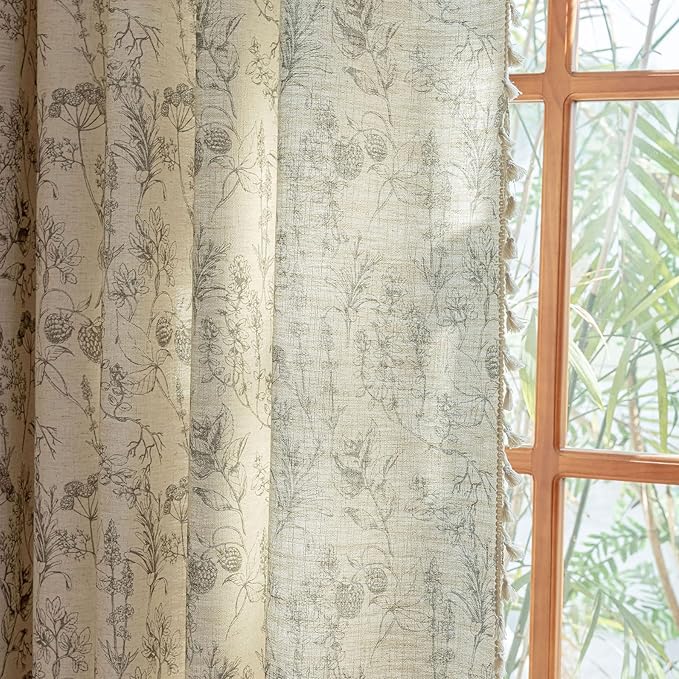 ENJOYBRIDAL Floral Curtains 63 Inch Length Vintage 2 Panels Drapes Short Rod Pocket Semi Sheer Rustic Window Curtain Panels Bedroom Boho Tassel Living Room Farmhouse Botanical Window Treatments