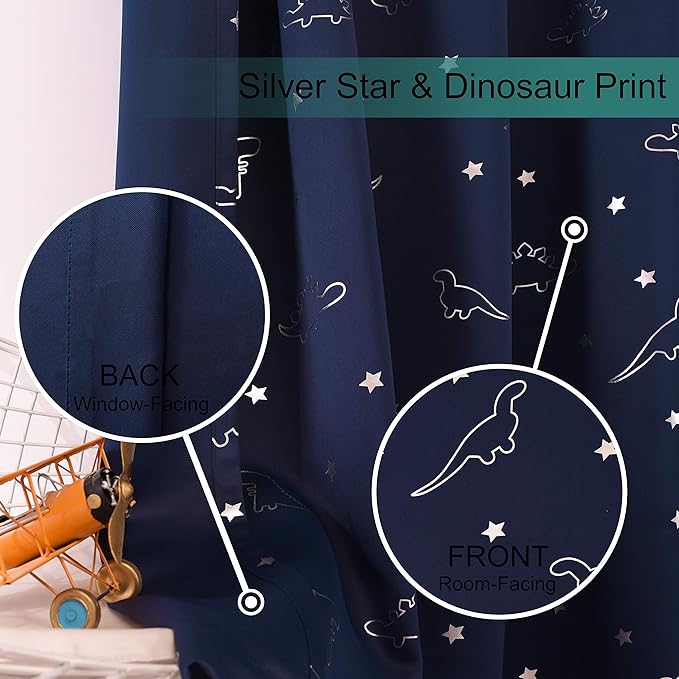 LORDTEX Dinosaur and Star Foil Print Blackout Curtains for Kids Room - Thermal Insulated Curtains Noise Reducing Window Drapes for Boys and Girls Bedroom, 42 x 84 Inch, Navy, Set of 2 Panels